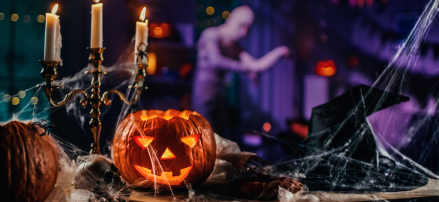 Halloween,Still,Life,Colorful,Theme:,Scary,Decorated,Dark,Room,With