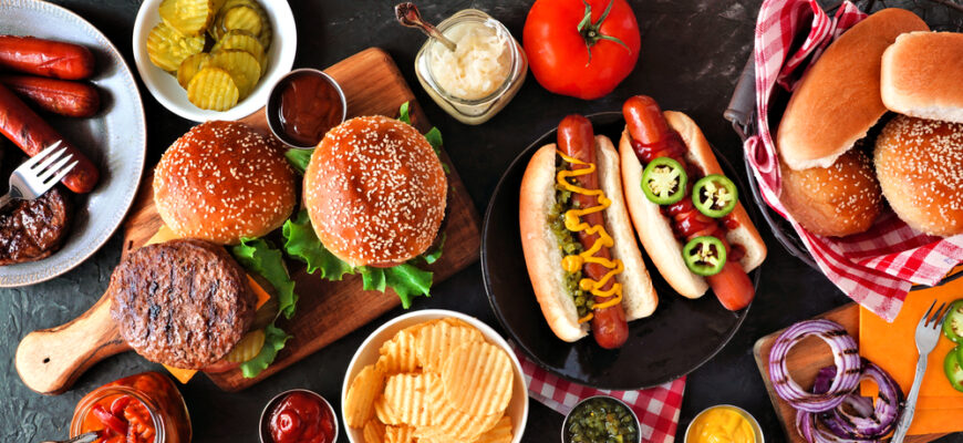 Summer,Bbq,Food,Table,With,Hot,Dog,And,Hamburger,Buffet.